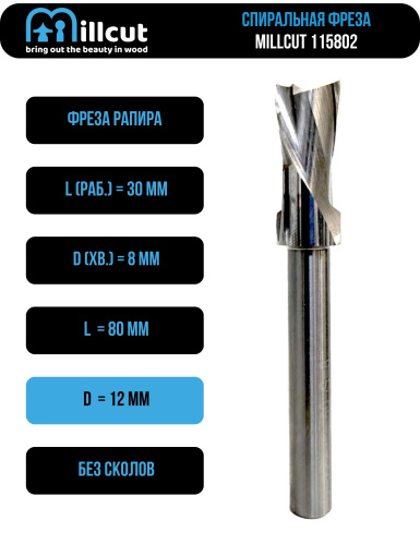 Фреза спиральная для петель 12x30x80 S=8 Millcut 115802